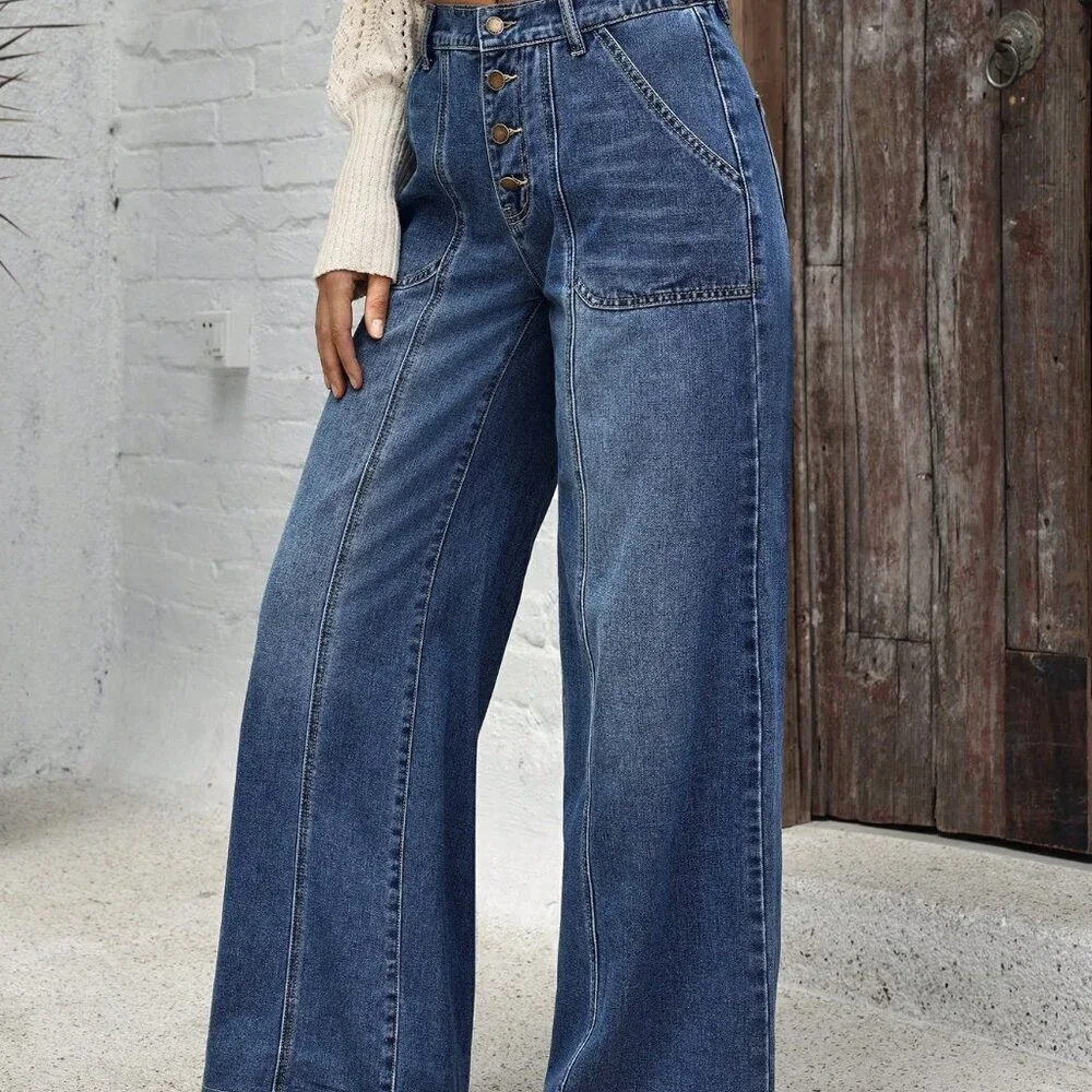 Blue Casual Women's Pockets Versatile Loose Wide Leg Jeans